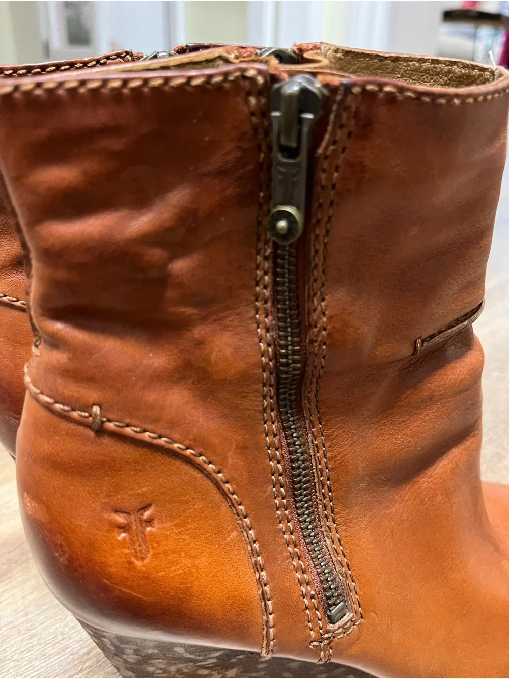 Frye Regina Wedge, Cognac Leather Zip Ankle Boots. 9.5